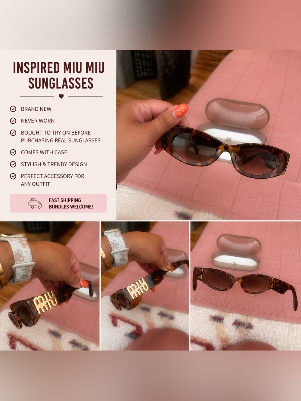 Inspired Miu Miu Tortoiseshell Oval Sunglasses with Gold Logo Accents